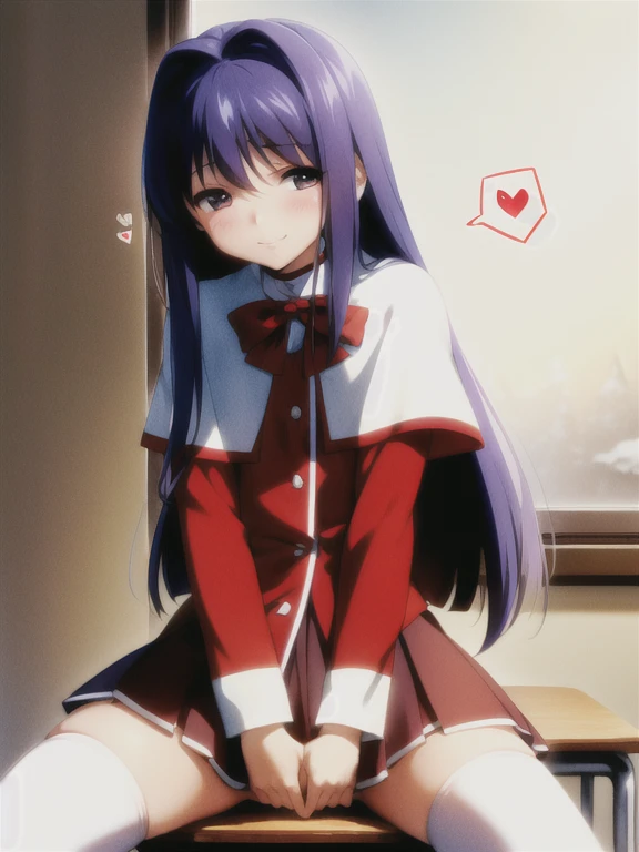 from front, (from below:1.3), crotch focus, (close-up), ****, minase nayuki, baby face, curvy, (red kanon uniform:1.2), white capelet, (skirt lift), light blue hair, black stockings, (sit on the chair, spread legs), legs up, (looking at viewer), (embarrassed:1.3), smile, (spoken heart:1.3), skindantation, indoor, (class room), blackboard, window, (snowy landscape:1.2), (masterpiece, highest quality, High resolution:1.3)