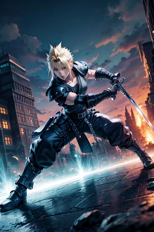 cloud strife,ff7, Swinging a Sword, evil, Combat Stance, Vibrant appearance, Creative Action, Imaginative, Voluntary, highest quality, Skin Texture, Intricate details, (Cinema Lighting), RAW Photos, 8k