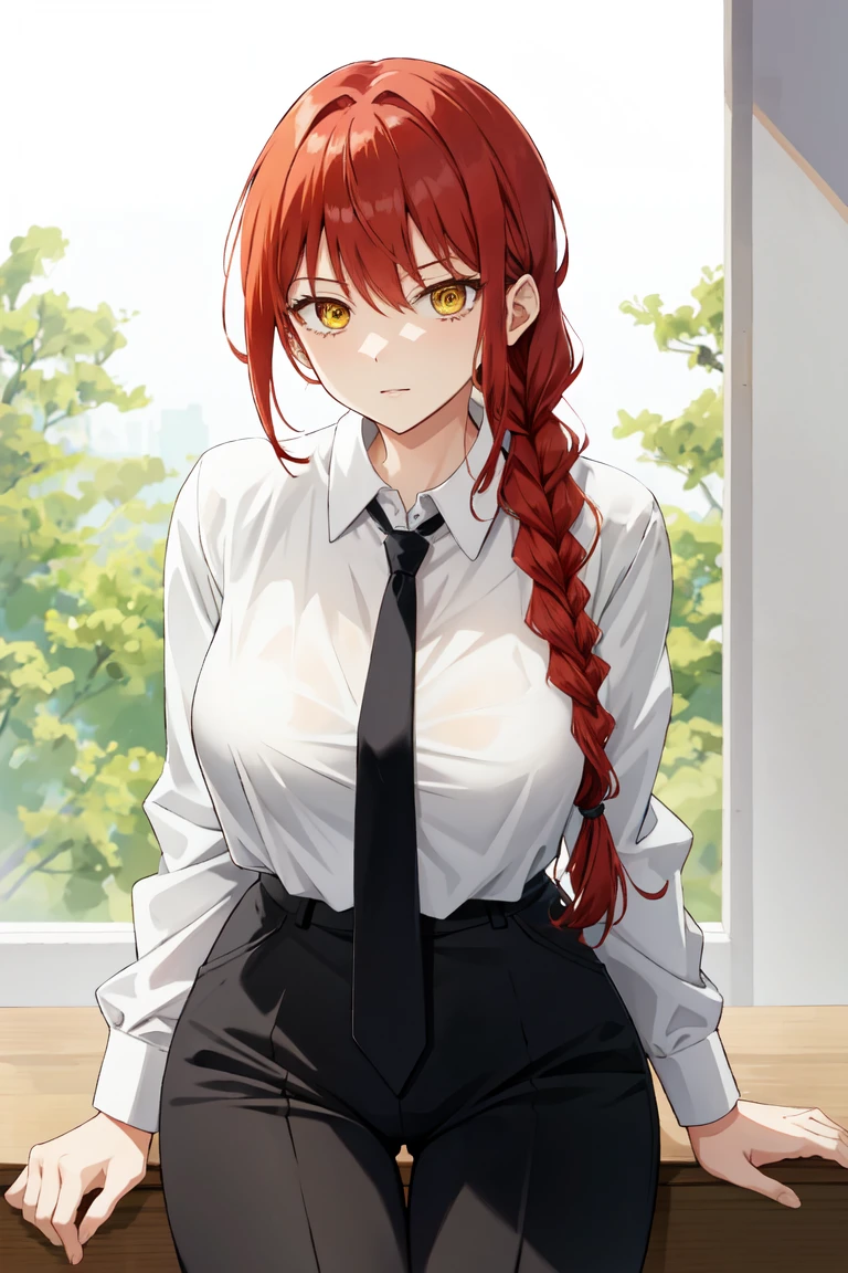 makima\(chainsaw man\), long sleeves, red hair, necktie, large breasts, solo, looking at viewer, thick thighs, hand on hip, pants, black pants, yellow eyes, 1girl, white shirt, braided ponytail, ringed eyes, high-waist pants, shirt, braid, shirt tucked in, black necktie, collared shirt, dark bedroom, downblouse, leaning over, bent over forward, leaning forward, dark room, serious look, lips seperated, dominant ora, long torso, 36 year old mature woman, slim waist, milf, sarcastic smile, medium breasts , sitting down