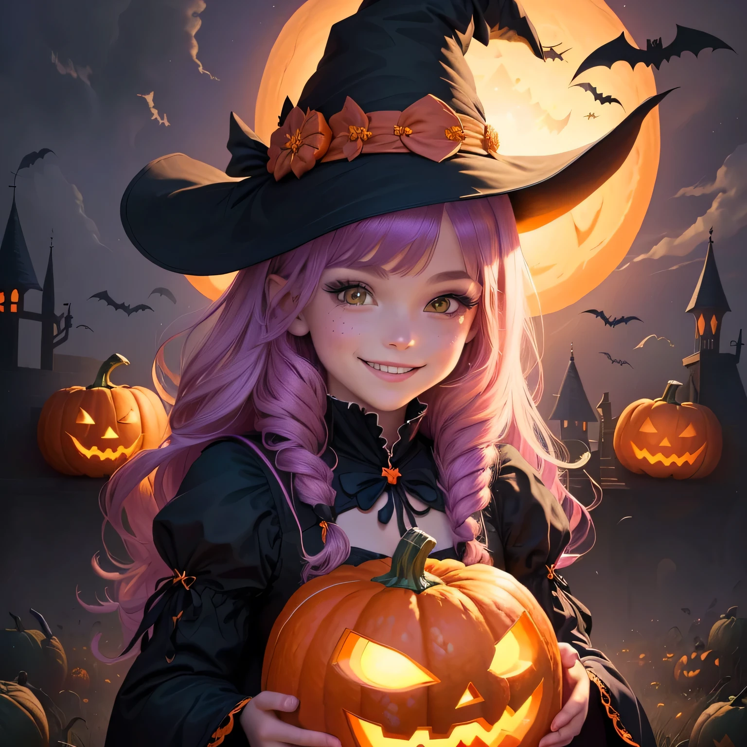 a close up of a cartoon character holding a pumpkin, portrait of a smile young witch girl, halloween art style, witch fairytale, bright witch, full color digital illustration, halloween celebration, trick or treat, in a halloween style, portrait of a young witch, full color illustration, halloween theme, beautiful witch spooky female, colorful kids book illustration, portrait of magical young girl