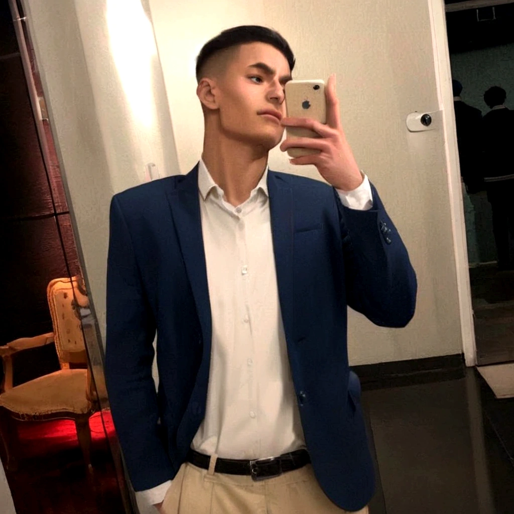 Brown young man, blue suit, white shirt, shaved black hair