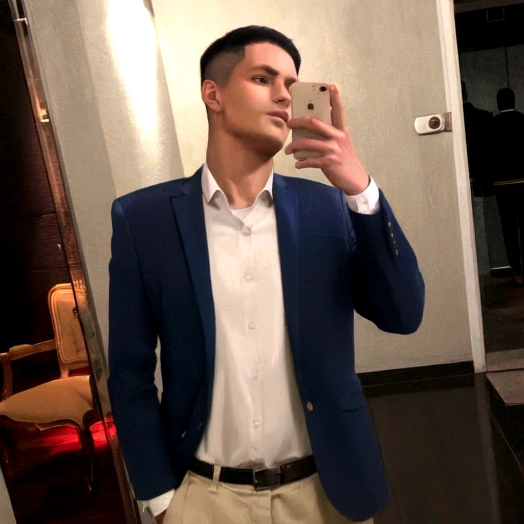 Brown young man, blue suit, white shirt, shaved black hair