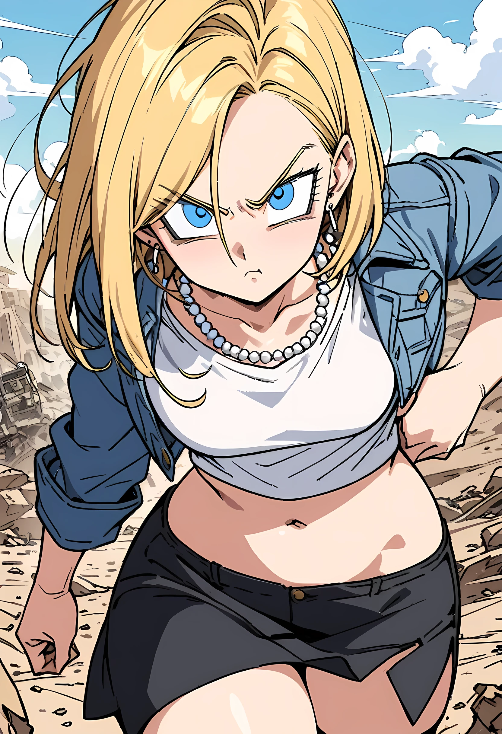 (Best quality, masterpieces, line drawings, line art,style of akira toriyama:1.1),1girl,solo,Mean Girl,blonde hair,short hair,centre parting bangs,blue eyes,Unfriendly eyes,Fierce expression,earrings,pearl necklace,White short-sleeved V-neck T-shirt with a blue denim crop jacket，Black JK Skirt, Over-the-Knee Socks,Wind, outdoors, wild wasteland,Blue sky, 