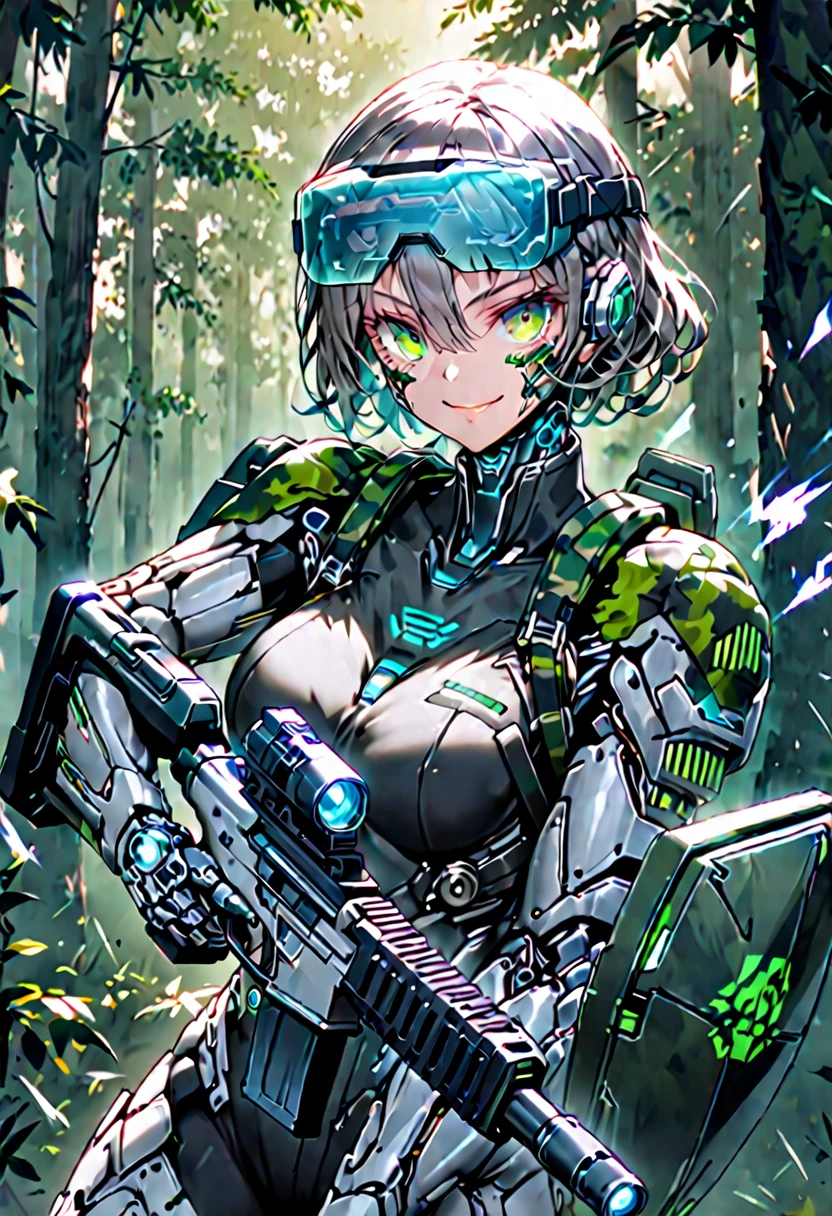 solo, female, sfw, medium shot, cyborg, completely augmented, combat, action pose, ready to fight, forest, smile, display over both eyes, shield sunglasses, bulky rifle, futuristic weapon, (camouflage), military equipment, hologram, head mounted display, face camouflage