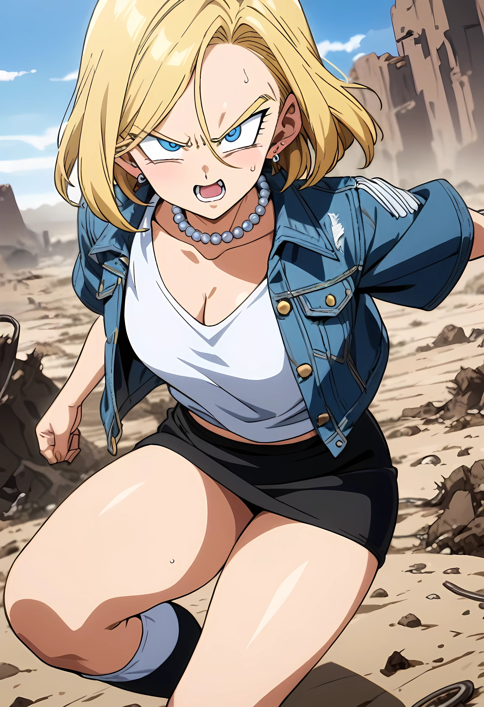 (Best quality, masterpieces,anime style,style of akira toriyama:1.1),1girl,solo,Mean Girl,blonde hair,short hair,centre parting bangs,blue eyes,Unfriendly eyes,Fierce expression,earrings,pearl necklace,White short-sleeved V-neck T-shirt with a blue denim crop jacket，Black JK Skirt, Over-the-Knee Socks,Wind, outdoors, wild wasteland,Blue sky, 