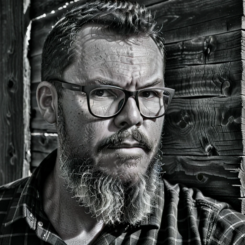 Create a striking black and white portrait of a rugged lumberjack wearing glasses, emphasizing the contrasts between light and shadow. His intense gaze pierces through the monochrome frame, drawing the viewer's attention to the intricate details of his beard and the sharp lines of his military-style haircut. The chiaroscuro lighting adds depth and drama to the composition, accentuating the texture of the rustic wooden wall behind him. This timeless photograph evokes a sense of strength and resilience, capturing the essence of the modern-day woodsman in a grayscale masterpiece.

gutto2024sdxl 