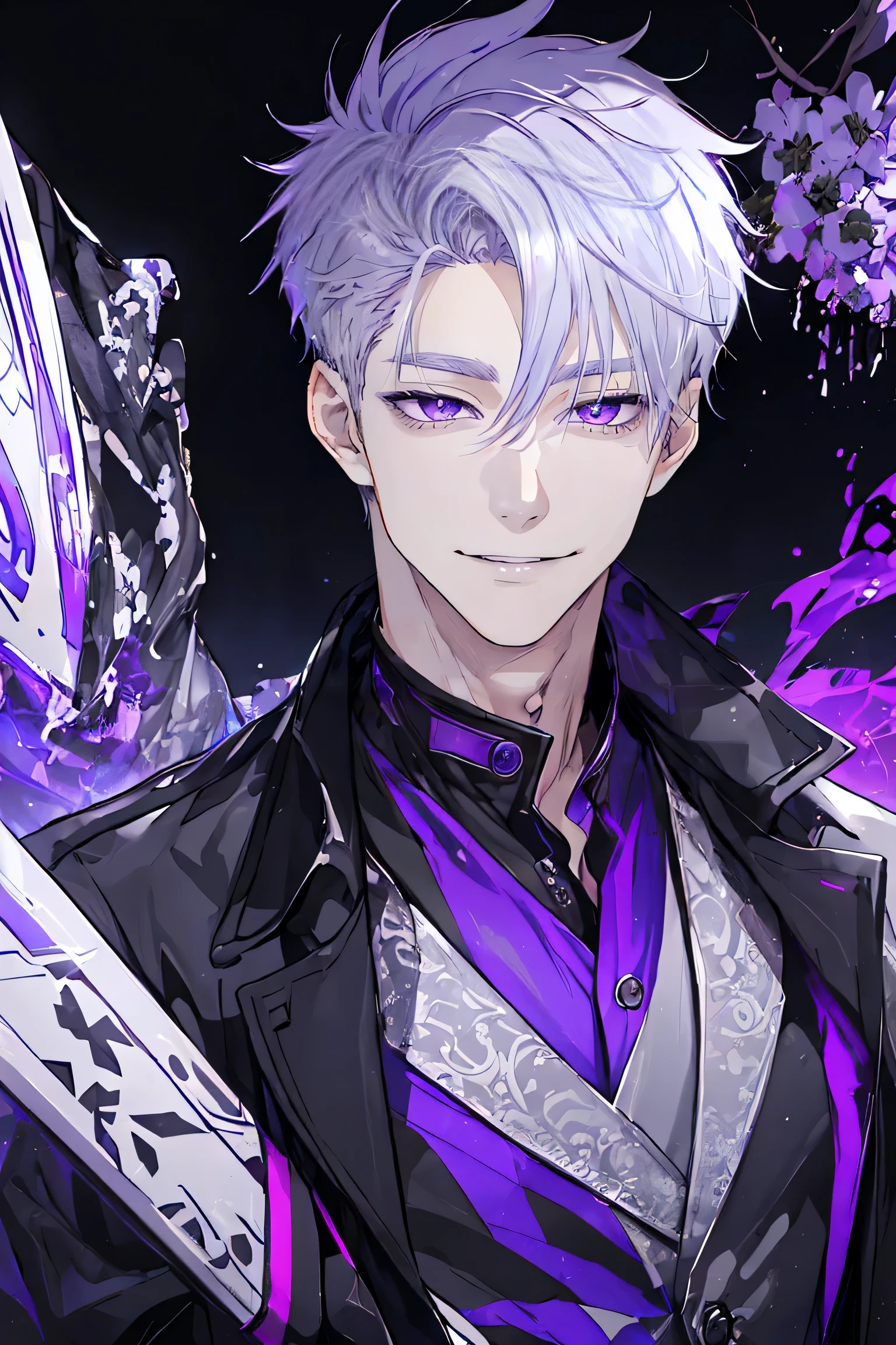 1 guy、grey-haired、purple-white eyes、Manic smile、Short dirty hair、portrait 、Beautiful, black raincoat, I can&#39;t see my hand