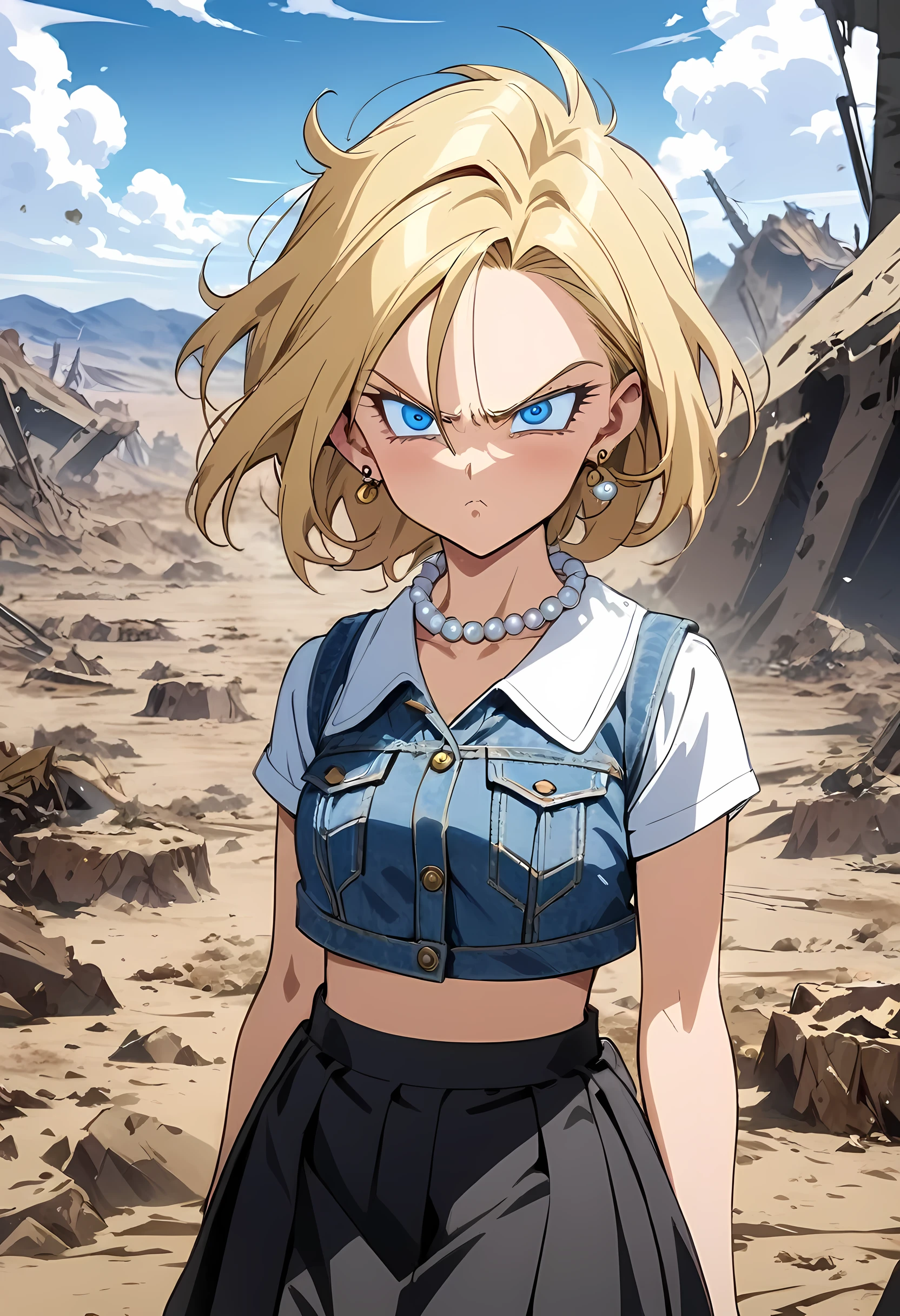 (Best quality, masterpieces,anime style,style of akira toriyama:1.1),1girl,solo,Mean Girl,blonde hair,short hair,centre parting bangs,blue eyes,Unfriendly eyes,Fierce expression,earrings,pearl necklace,White short-sleeved V-neck T-shirt with a blue denim crop jacket，Black JK Skirt, Over-the-Knee Socks,Wind, outdoors, wild wasteland,Blue sky, 