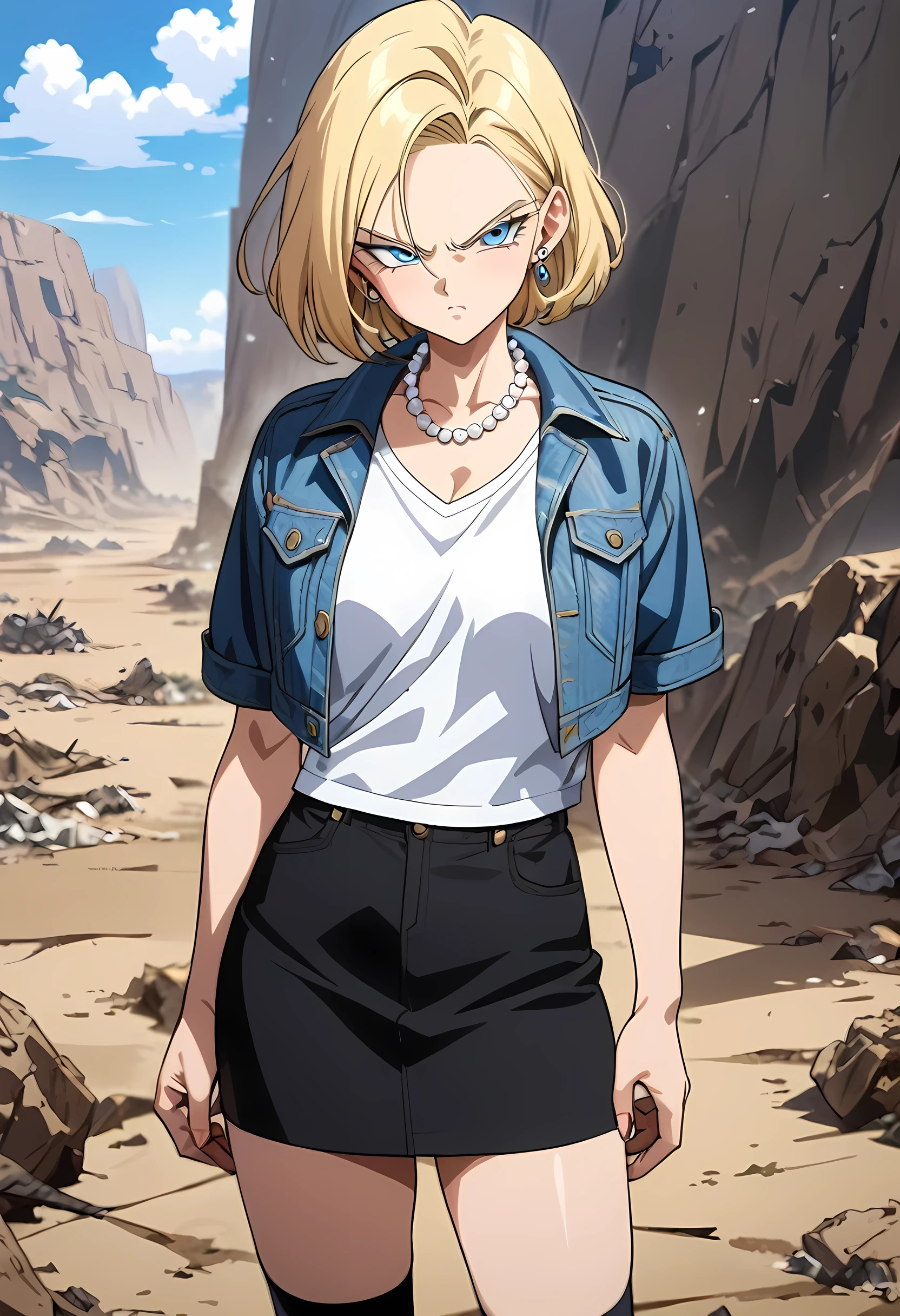 (Best quality, masterpieces,anime style,style of akira toriyama:1.1),1girl,solo,Mean Girl,blonde hair,short hair,centre parting bangs,blue eyes,Unfriendly eyes,Fierce expression,earrings,pearl necklace,White short-sleeved V-neck T-shirt with a blue denim crop jacket，Black JK Skirt, Over-the-Knee Socks,Wind, outdoors, wild wasteland,Blue sky,