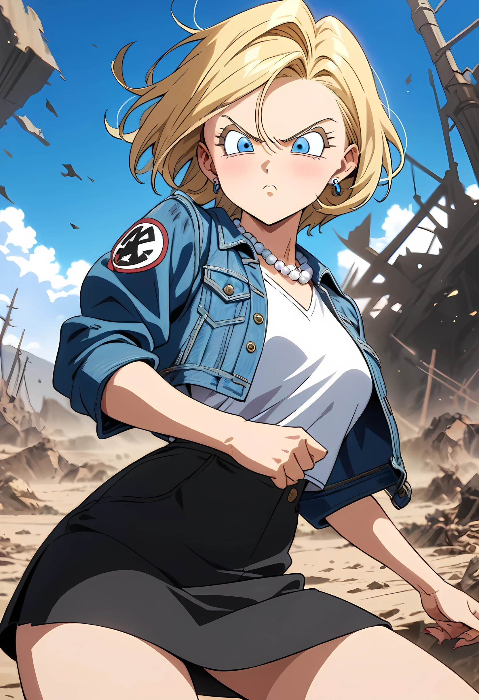 (Best quality, masterpieces,anime style,style of akira toriyama:1.1),1girl,solo,Mean Girl,blonde hair,short hair,centre parting bangs,blue eyes,Unfriendly eyes,Fierce expression,earrings,pearl necklace,White short-sleeved V-neck T-shirt with a blue denim crop jacket，Black JK Skirt, Over-the-Knee Socks,Wind, outdoors, wild wasteland,Blue sky,