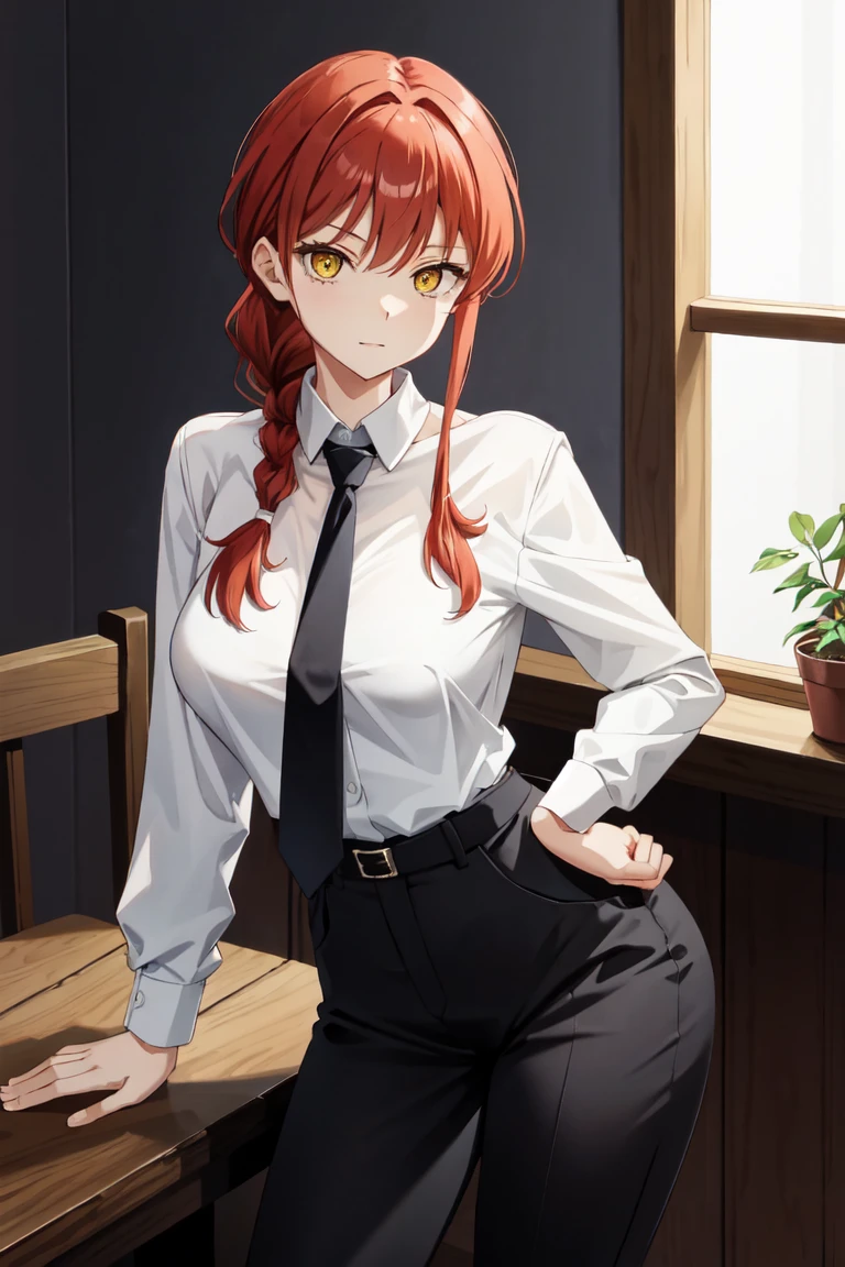 makima\(chainsaw man\), long sleeves, red hair, necktie, large breasts, solo, looking at viewer, thick thighs, hand on hip, pants, black pants, yellow eyes, 1girl, white shirt, braided ponytail, ringed eyes, high-waist pants, shirt, braid, shirt tucked in, black necktie, collared shirt, dark bedroom, downblouse, leaning over, bent over forward, leaning forward, dark room, serious look, lips seperated, dominant ora, long torso, 36 year old mature woman, slim waist, milf, sarcastic smile, medium breasts , sitting down, white collared shirt,