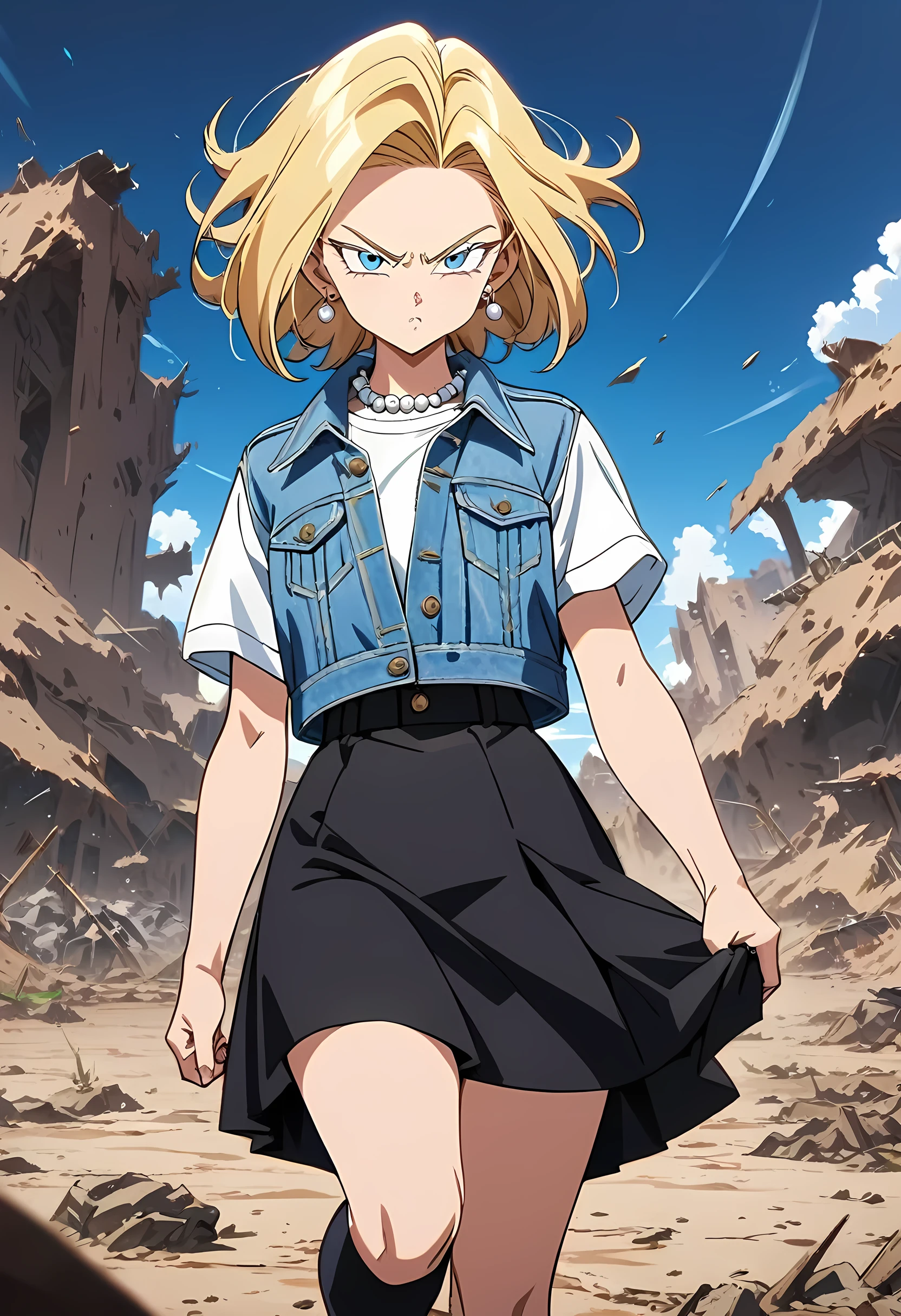 (Best quality, masterpieces,anime style,style of akira toriyama:1.1),1girl,solo,Mean Girl,blonde hair,short hair,centre parting bangs,blue eyes,Unfriendly eyes,Fierce expression,earrings,pearl necklace,White short-sleeved V-neck T-shirt with a blue denim crop jacket，Black JK Skirt, Over-the-Knee Socks,Wind, outdoors, wild wasteland,Blue sky,