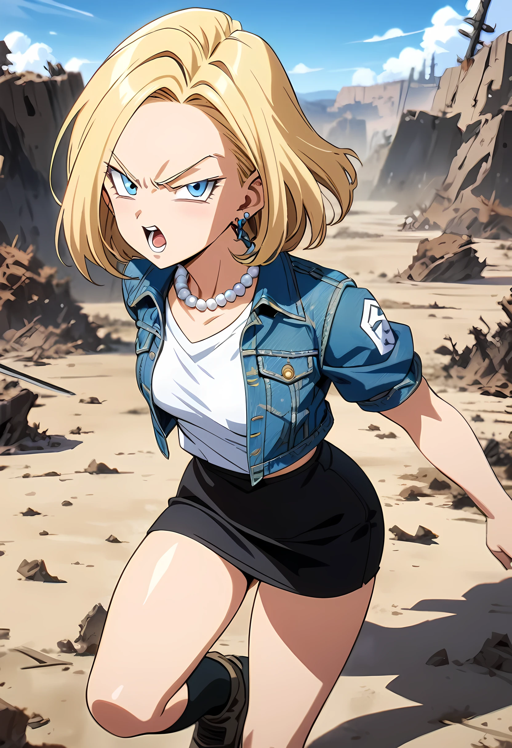 (Best quality, masterpieces,anime style,style of akira toriyama:1.1),1girl,solo,Mean Girl,blonde hair,short hair,centre parting bangs,blue eyes,Unfriendly eyes,Fierce expression,earrings,pearl necklace,White short-sleeved V-neck T-shirt with a blue denim crop jacket，Black JK Skirt, Over-the-Knee Socks,Wind, outdoors, wild wasteland,Blue sky,