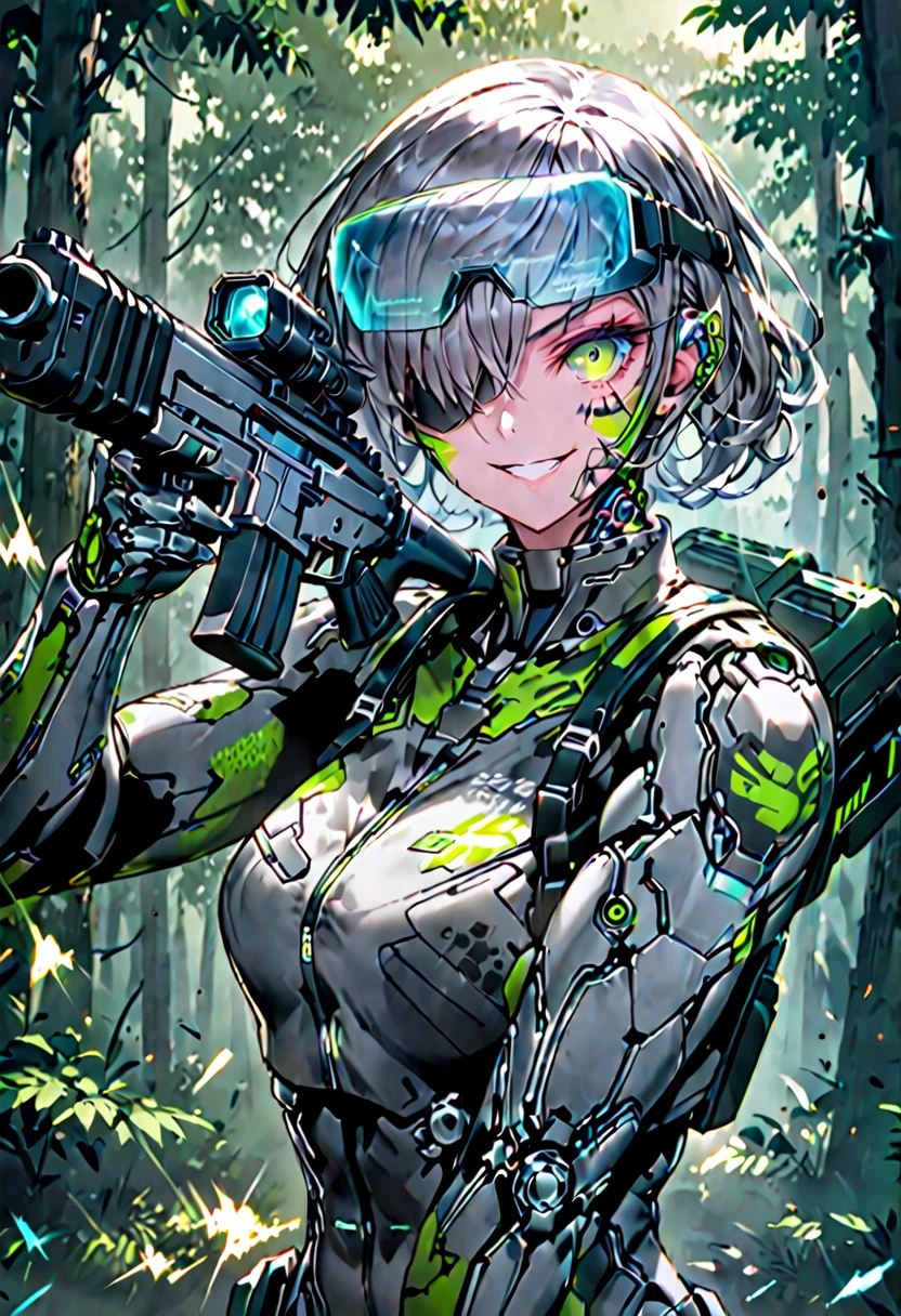 ((best quality)), ((masterpiece)), (detailed), perfect face, cyborg woman, beautiful, best graphics, soft lighting, brown hair, silver eyes, metallic skin, electricity pulsing around her fingers, water and trees surrounding her, leather armor, modest, battle, fight, fierce,