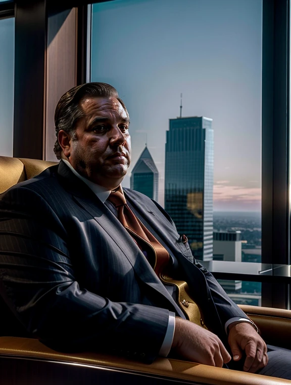 A wealthy, arrogant, and portly middle-aged man, adorned in a tailored suit, reclines comfortably on an opulent armchair in a sleek, modern office. The setting sun illuminates the room through the large glass windows, casting volumetric lighting that highlights the man's prosperity. His eyes, full of self-assuredness, gaze out intently, as if surveying his domain. The image, captured in the aspect ratio of 9:16, offers a close-up view, accentuating the man's affluence and grandeur. The office, adorned with luxurious decor, serves as a testament to his success and power