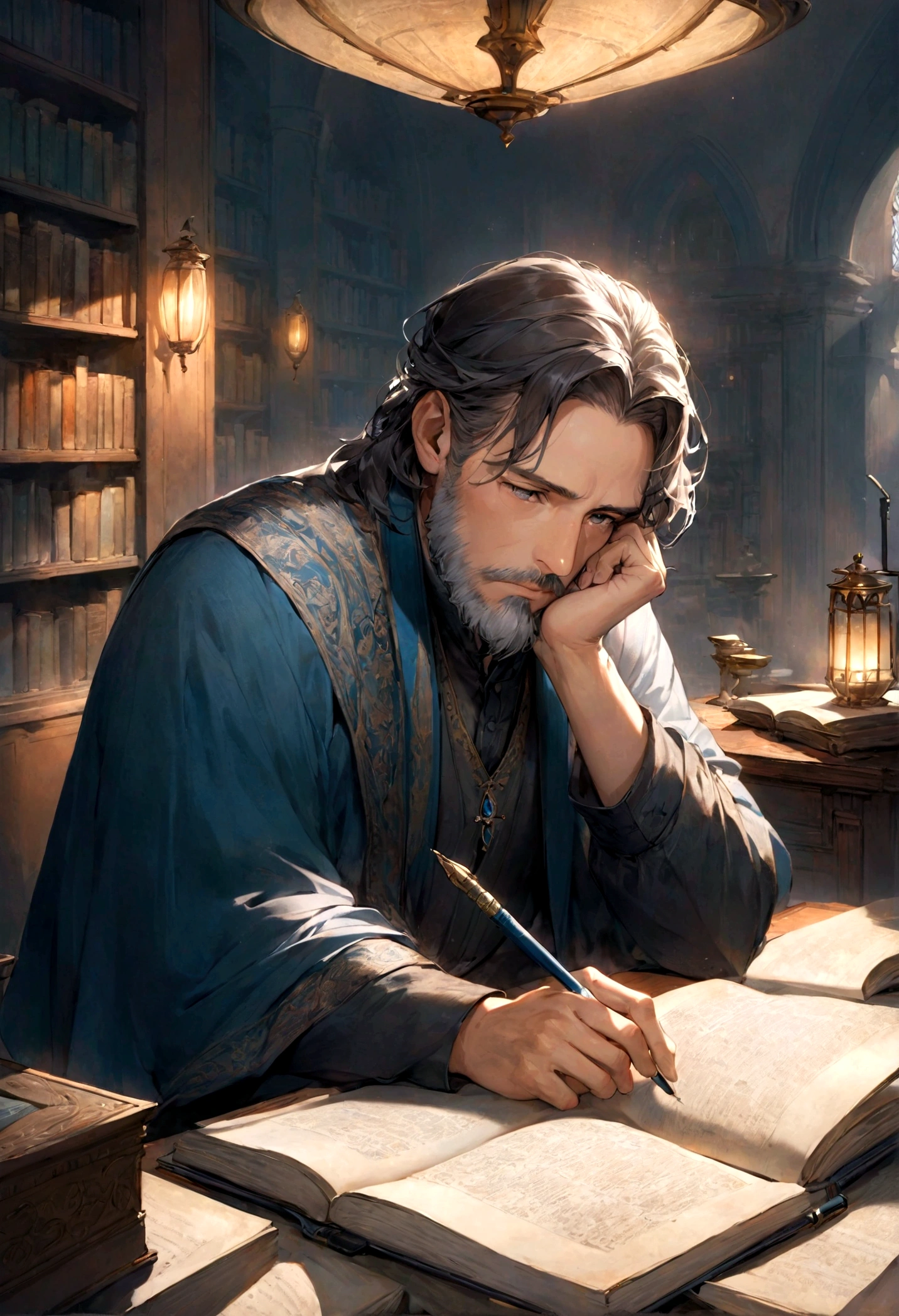 Middle-aged man, dark complexion, in his 40s, short half-disheveled hair, no hat, with a van dike beard, studying ancient Hebrew texts, leaning on a large desk with various manuscripts around him, a fountain pen in his hand , an inkwell on his right side near his notebook. Facial expressions of nobility and effort, looking attentively at the manuscript in his hands.
The room he is in is spacious, it has lamps around the room, warm light. There are bookcases around the large room, a mix of ancient and modern books, with manuscripts on the shelves of the bookcases.
The man is immersed in his study, meditative, without anything to distract him.