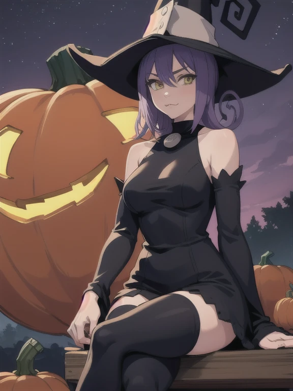 (masterpiece, best quality:1.2), solo, 1girl, seblair, :3, looking at viewer, sitting, crossed legs, witch hat, black dress, detached sleeves, black thighhighs, outdoors, pumpkin 