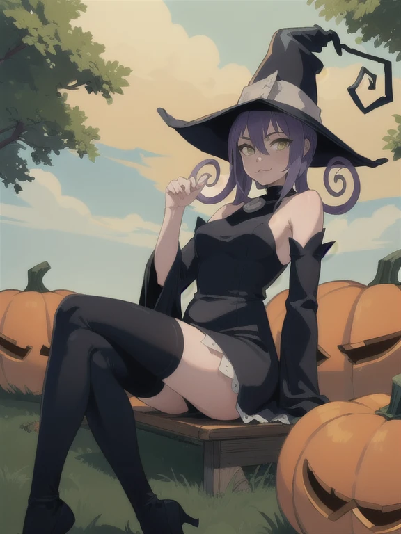 (masterpiece, best quality:1.2), solo, 1girl, seblair, :3, looking at viewer, sitting, crossed legs, witch hat, black dress, detached sleeves, black thighhighs, outdoors, pumpkin 