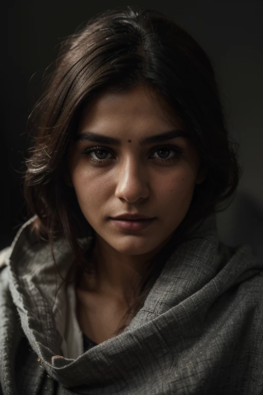 (close up, Editorial photo of a beautiful, white, 21-year-old Pakistani woman), (Highly detailed face:1.4) (He smiles:0.7) (The background is dark inside, Moody, Private study:1.3) Throw, By Lee Jeffries, nikon d850, Film stock image ,4 Coda Portra 400 ,الكاميرا f1.6 lens ,Rich colors ,Excessive realism ,Vibrant texture, Dramatic lighting , Sensteel 800,