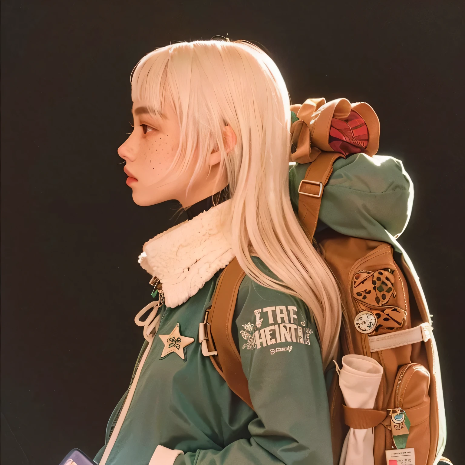 profile view of a girl, with silver hair, short bangs, freckles, whearing a green jacket, with a big backpack, stickers and pins
