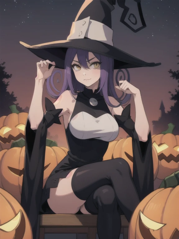 (masterpiece, best quality:1.2), solo, 1girl, seblair, :3, looking at viewer, sitting, crossed legs, witch hat, black dress, detached sleeves, black thighhighs, outdoors, pumpkin 