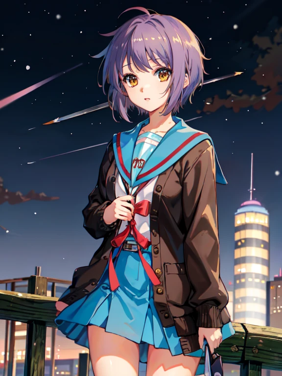 kyoani haruhi style, 1girl, solo, yuki nagato, kita high , short hair, , blue sailor collar, sailor collar, serafuku, cardigan, purple hair, bangs, brown eyes, anime coloring, ((masterpiece)), NIGHT, pavement, HOLDING KNIFE, FRUIT KNIFE, snowing, snow,