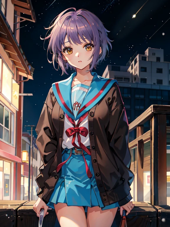 kyoani haruhi style, 1girl, solo, yuki nagato, kita high , short hair, , blue sailor collar, sailor collar, serafuku, cardigan, purple hair, bangs, brown eyes, anime coloring, ((masterpiece)), NIGHT, pavement, HOLDING KNIFE, FRUIT KNIFE, snowing, snow,