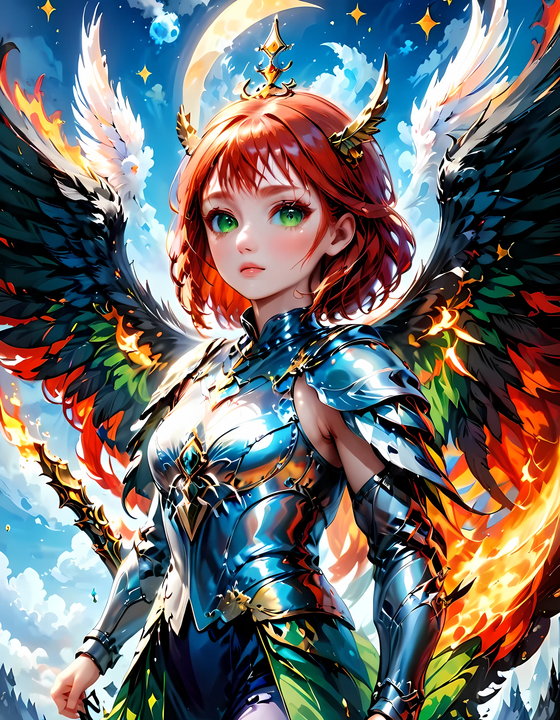 16k, ultra detailed, masterpiece, best quality, (extremely detailed), arafed, dnd art, panoramic view, full body, aasimar, female, (Masterpieceת intense details:1.3), female, sorceress, casting flaming spell(Masterpieceת intense details:1.3) large feathered wings,(white: 1.3) angelic wings spread (Masterpieceת intense details:1.3), fantasy magical heaven background (Masterpieceת intense details:1.3), moon, stars, clouds, wearing (azure: 1.3) armor (Masterpieceת intense details:1.3), high heeled boots (Masterpieceת intense details:1.3), armed with staff, (red hair: 1.4), (green eyes: 1.4), intense eyes, ultra feminine, ultra detailed face, (Masterpieceת intense details:1.5), (anatomically correct: 1.5), determined face, divine light, cinematic lighting, soft light, silhouette, photorealism, panoramic view ((Masterpieceת intense details:1.3) , Wide-Angle, Ultra-Wide Angle, 16k, highres, best quality, faize, 2.5D rendering, angel