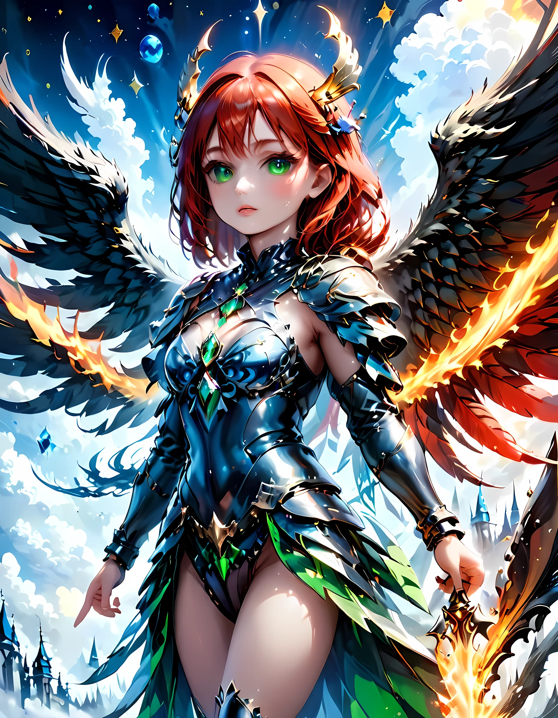 16k, ultra detailed, masterpiece, best quality, (extremely detailed), arafed, dnd art, panoramic view, full body, aasimar, female, (Masterpieceת intense details:1.3), female, sorceress, casting flaming spell(Masterpieceת intense details:1.3) large feathered wings,(white: 1.3) angelic wings spread (Masterpieceת intense details:1.3), fantasy magical heaven background (Masterpieceת intense details:1.3), moon, stars, clouds, wearing (azure: 1.3) armor (Masterpieceת intense details:1.3), high heeled boots (Masterpieceת intense details:1.3), armed with staff, (red hair: 1.4), (green eyes: 1.4), intense eyes, ultra feminine, ultra detailed face, (Masterpieceת intense details:1.5), (anatomically correct: 1.5), determined face, divine light, cinematic lighting, soft light, silhouette, photorealism, panoramic view ((Masterpieceת intense details:1.3) , Wide-Angle, Ultra-Wide Angle, 16k, highres, best quality, faize, 2.5D rendering, angel