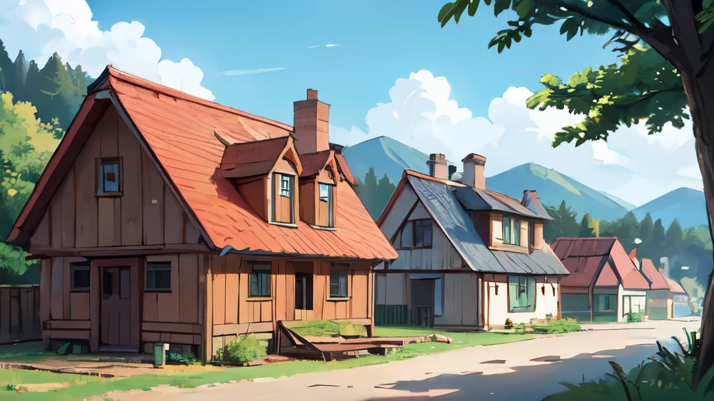 Фентези village, village , Wooden houses, old lady standing near the house