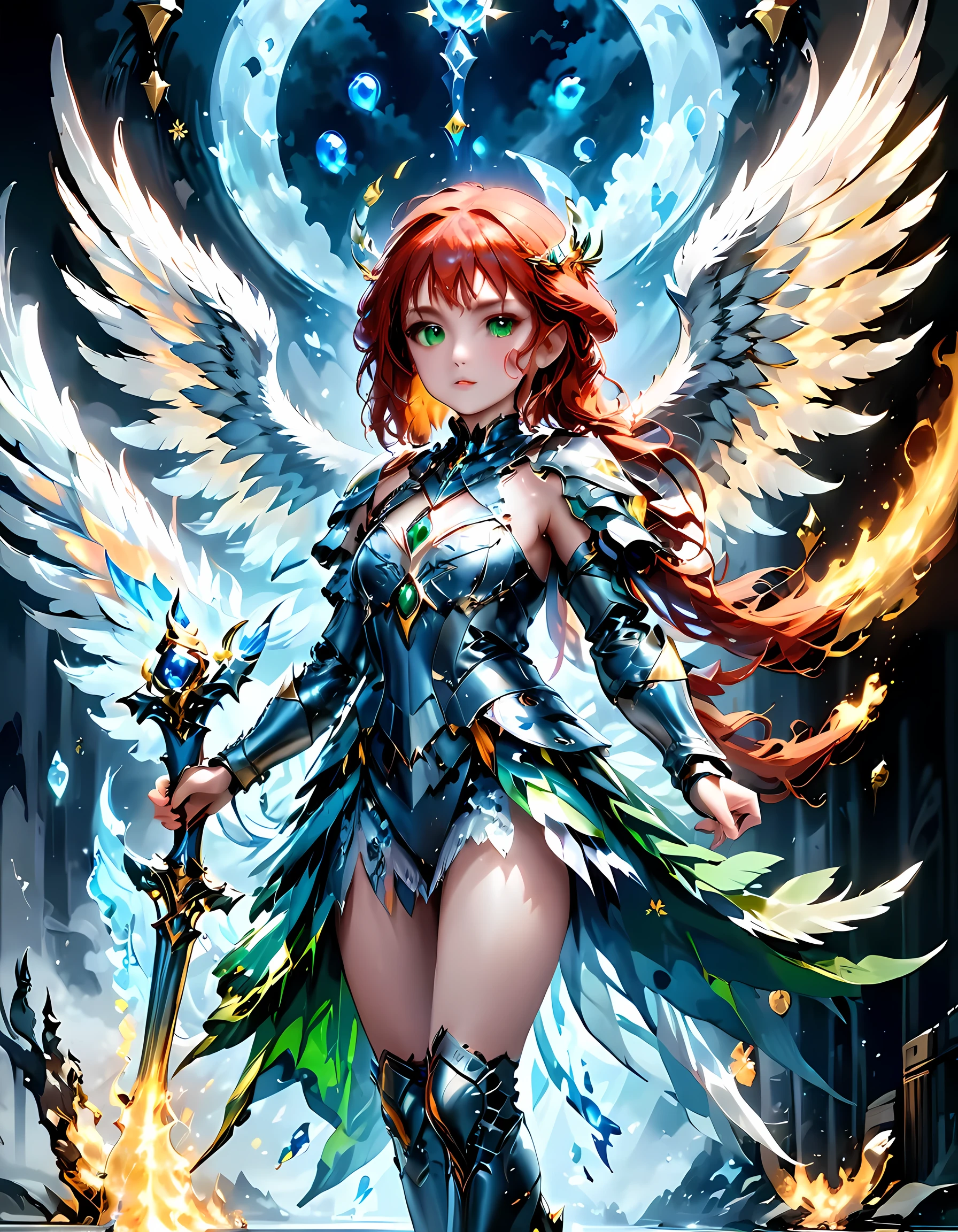 16k, ultra detailed, masterpiece, best quality, (extremely detailed), arafed, dnd art, panoramic view, full body, aasimar, female, (Masterpieceת intense details:1.3), female, sorceress, casting flaming spell(Masterpieceת intense details:1.3) large feathered wings,(white: 1.3) angelic wings spread (Masterpieceת intense details:1.3), fantasy magical heaven background (Masterpieceת intense details:1.3), moon, stars, clouds, wearing (azure: 1.3) armor (Masterpieceת intense details:1.3), high heeled boots (Masterpieceת intense details:1.3), armed with staff, (red hair: 1.4), (green eyes: 1.4), intense eyes, ultra feminine, ultra detailed face, (Masterpieceת intense details:1.5), (anatomically correct: 1.5), determined face, divine light, cinematic lighting, soft light, silhouette, photorealism, panoramic view ((Masterpieceת intense details:1.3) , Wide-Angle, Ultra-Wide Angle, 16k, highres, best quality, faize, 2.5D rendering, angel