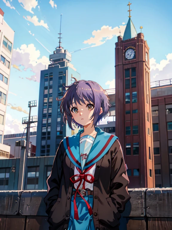 kyoani haruhi style, 1girl, solo, yuki nagato, kita high , short hair, , blue sailor collar, sailor collar, serafuku, cardigan, purple hair, bangs, brown eyes, anime coloring, ((masterpiece)),  rooftop, looking up, looking afar, looking at sky, beautiful blue sky, (wind), full body, from below,