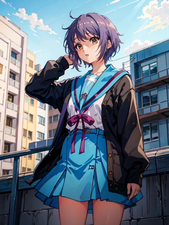 kyoani haruhi style, 1girl, solo, yuki nagato, kita high , short hair, , blue sailor collar, sailor collar, serafuku, cardigan, purple hair, bangs, brown eyes, anime coloring, ((masterpiece)),  rooftop, looking up, looking afar, looking at sky, beautiful blue sky, (wind), full body, from below,