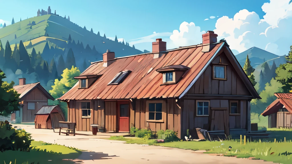 Фентези village, village , Wooden houses, old lady standing near the house