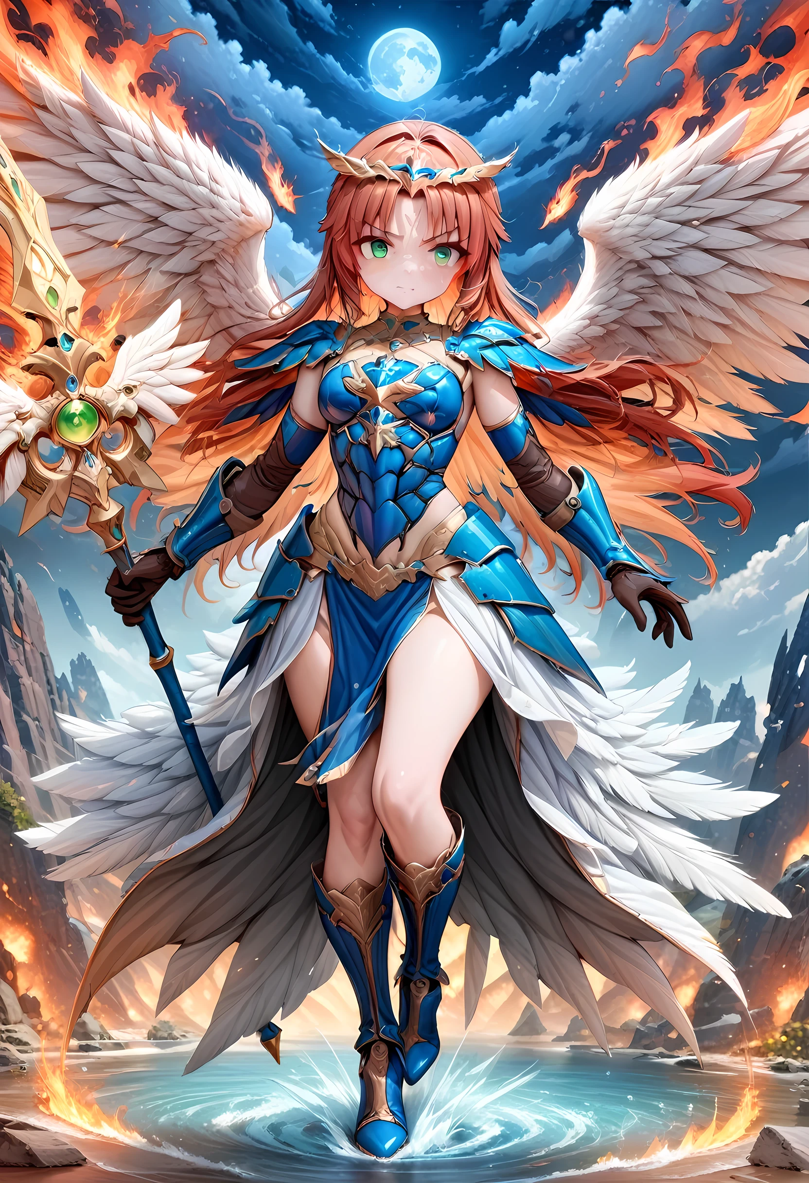 16k, ultra detailed, masterpiece, best quality, (extremely detailed), arafed, dnd art, panoramic view, full body, aasimar, female, (Masterpieceת intense details:1.3), female, sorceress, casting flaming spell(Masterpieceת intense details:1.3) large feathered wings,(white: 1.3) angelic wings spread (Masterpieceת intense details:1.3), fantasy magical heaven background (Masterpieceת intense details:1.3), moon, stars, clouds, wearing (azure: 1.3) armor (Masterpieceת intense details:1.3), high heeled boots (Masterpieceת intense details:1.3), armed with staff, (red hair: 1.4), (green eyes: 1.4), intense eyes, ultra feminine, ultra detailed face, (Masterpieceת intense details:1.5), (anatomically correct: 1.5), determined face, divine light, cinematic lighting, soft light, silhouette, photorealism, panoramic view ((Masterpieceת intense details:1.3) , Wide-Angle, Ultra-Wide Angle, 16k, highres, best quality, faize, 2.5D rendering, ArmoredDress