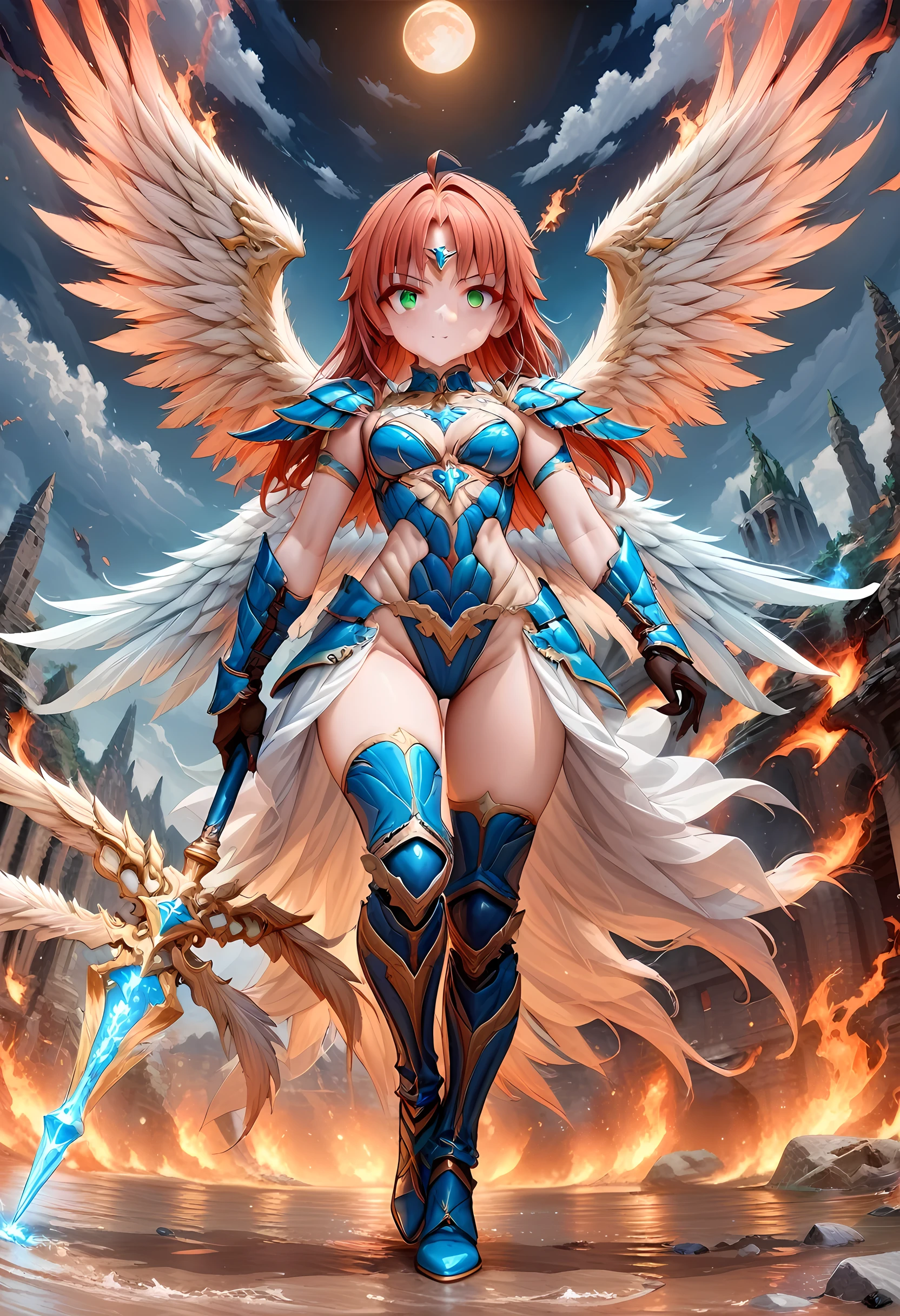 16k, ultra detailed, masterpiece, best quality, (extremely detailed), arafed, dnd art, panoramic view, full body, aasimar, female, (Masterpieceת intense details:1.3), female, sorceress, casting flaming spell(Masterpieceת intense details:1.3) large feathered wings,(white: 1.3) angelic wings spread (Masterpieceת intense details:1.3), fantasy magical heaven background (Masterpieceת intense details:1.3), moon, stars, clouds, wearing (azure: 1.3) armor (Masterpieceת intense details:1.3), high heeled boots (Masterpieceת intense details:1.3), armed with staff, (red hair: 1.4), (green eyes: 1.4), intense eyes, ultra feminine, ultra detailed face, (Masterpieceת intense details:1.5), (anatomically correct: 1.5), determined face, divine light, cinematic lighting, soft light, silhouette, photorealism, panoramic view ((Masterpieceת intense details:1.3) , Wide-Angle, Ultra-Wide Angle, 16k, highres, best quality, faize, 2.5D rendering, ArmoredDress