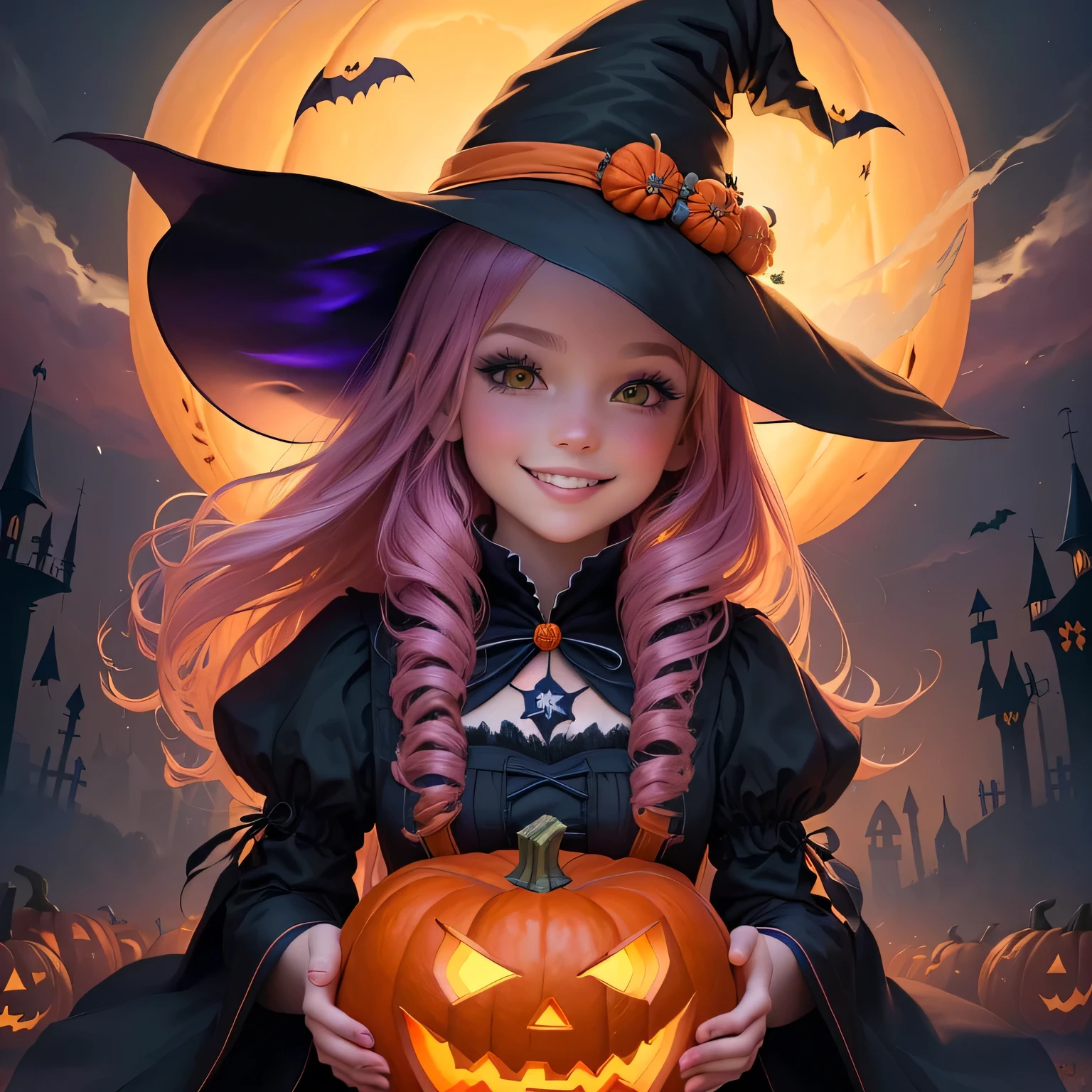 a close up of a cartoon character holding a pumpkin, portrait of a smile young witch girl, halloween art style, witch fairytale, bright witch, full color digital illustration, halloween celebration, trick or treat, in a halloween style, portrait of a young witch, full color illustration, halloween theme, beautiful witch spooky female, colorful kids book illustration, portrait of magical young girl