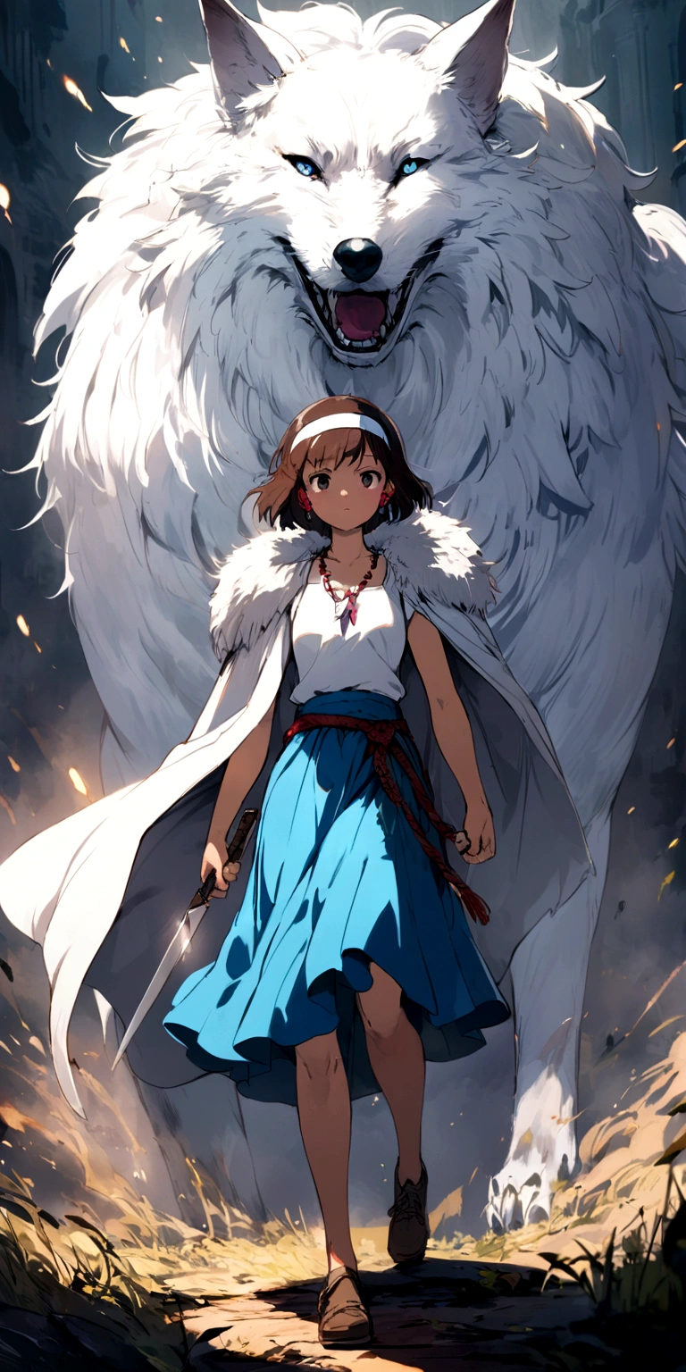 masterpiece, best quality, very aesthetic, absurdres,
san_(mononoke_hime),mononoke_hime, studio_ghibli, brown_hair,short_hair, white fur_cape, earrings, facepaint, facial_mark, fur, headband, tooth_necklace, bare_arms, white shirt, deep blue skirt, solo, standing, weapon, full_body,holding, holding_knife, knife, looking_at_viewer,huge white wolf