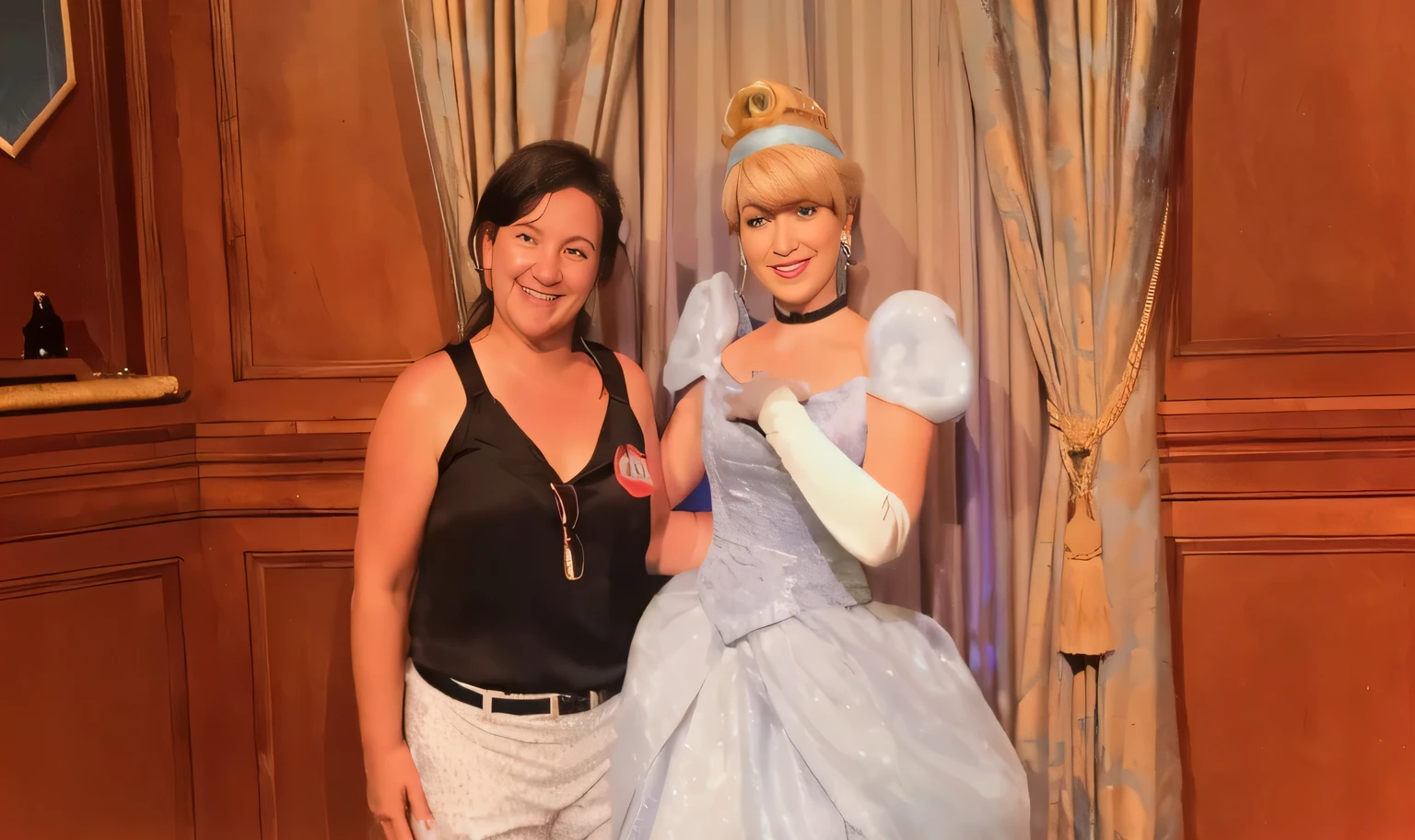 there is a woman standing next to a woman dressed in a dress, disney artist, disney 8 k photo, cinderella, photo taken in 2 0 2 0, usa-sep 20, disney character, wax figure, disney photo realistic, smiling as a queen of fairies, profile image, photo taken in 2018, pixie dust magic, magic kingdom