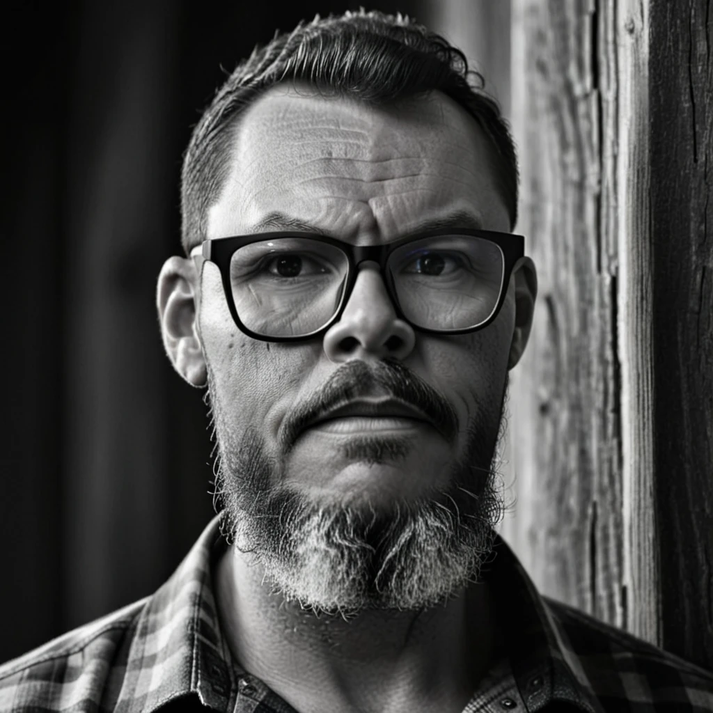 Create a striking black and white portrait of a rugged lumberjack wearing glasses, emphasizing the contrasts between light and shadow. His intense gaze pierces through the monochrome frame, drawing the viewer's attention to the intricate details of his beard and the sharp lines of his military-style haircut. The chiaroscuro lighting adds depth and drama to the composition, accentuating the texture of the rustic wooden wall behind him. This timeless photograph evokes a sense of strength and resilience, capturing the essence of the modern-day woodsman in a grayscale masterpiece.

gutto2024sdxl 