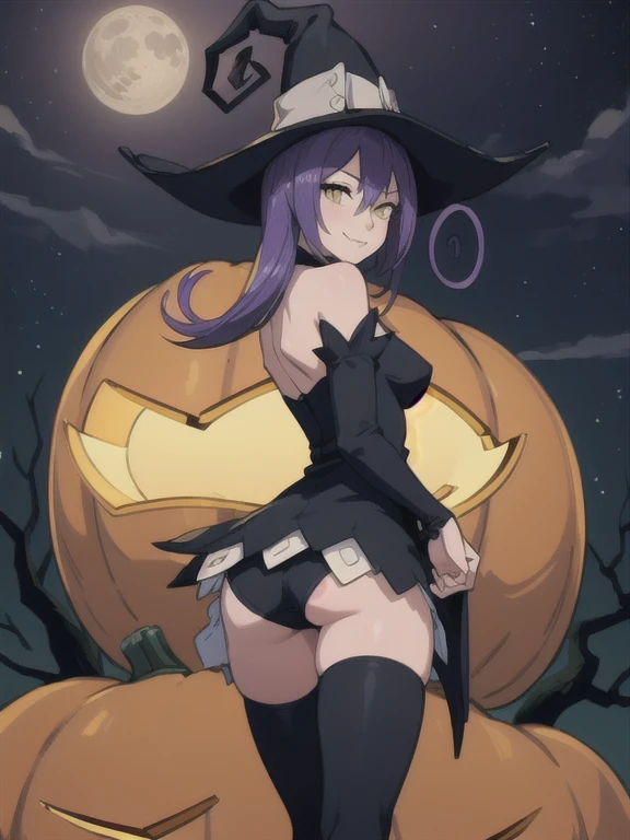 (masterpiece, best quality:1.2), Halloween, solo focus, 1girl, from behind, seblair, pumpkin, moon, smile, looking at viewer, witch hat, covering ass, black dress, detached sleeves, black thighhighs, night