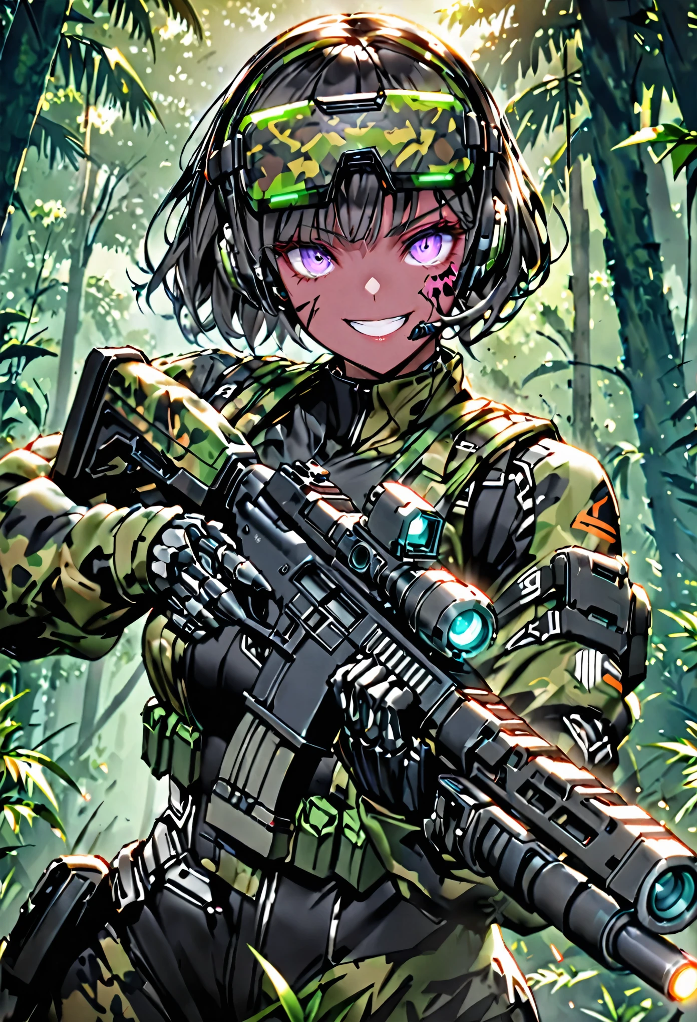 solo, female, sfw, medium shot, cyborg, completely augmented, combat, action pose, ready to fight, forest, smile, head display covering eyes, bulky rifle, futuristic weapon, ((jungle camouflage)), military equipment, hud, head mounted display, black face paint,
