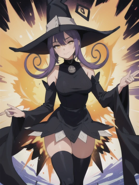 (masterpiece, best quality:1.2), solo focus, sleeping 1girl, seblair, moon, smile, looking at viewer, witch hat, black dress, detached sleeves, black thighhighs, Generate a burst of swirling colors radiating from a central point, with vibrant splashes and color leaks expanding outward, representing an explosion of chaotic creativity 