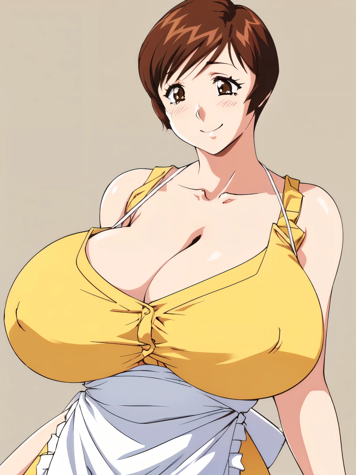 masterpiece, highest quality, High resolution, 1girl, solo, sexual intercourse, Pornographic image, short hair, etsukoto, brown eyes, fine grain, fine grain, (((Thick thighs, Plump thighs, Voluptuous thighs, Thighs are enough))), huge and ample breasts, Cleavage, Huge long breasts, Naughty big,((huge breasts are important))、((Naughty thighs)), L Cup, (thin:1.4),(Tight waist:1.4), (yellow dress:1.4), ((white waist apron)), white panties, smile, looking away, (((Simple Background))), ((Wide Hips)), Shiny, Oily skin, Mature mother, Calf, Seductive mature woman, Perfect body, Plus Size Model, etsukoto, blush, clavicle, retro artstyle, 1990s (style), breast focus, upper body, (nsfw),