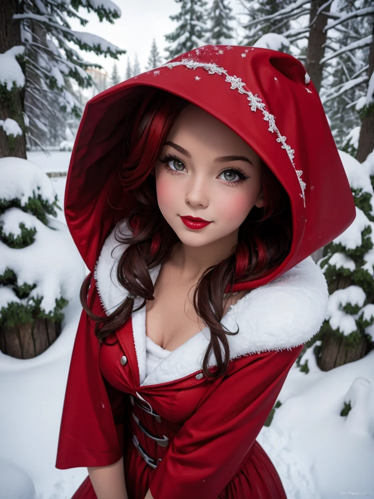 pin up style little red riding hood in the snow
