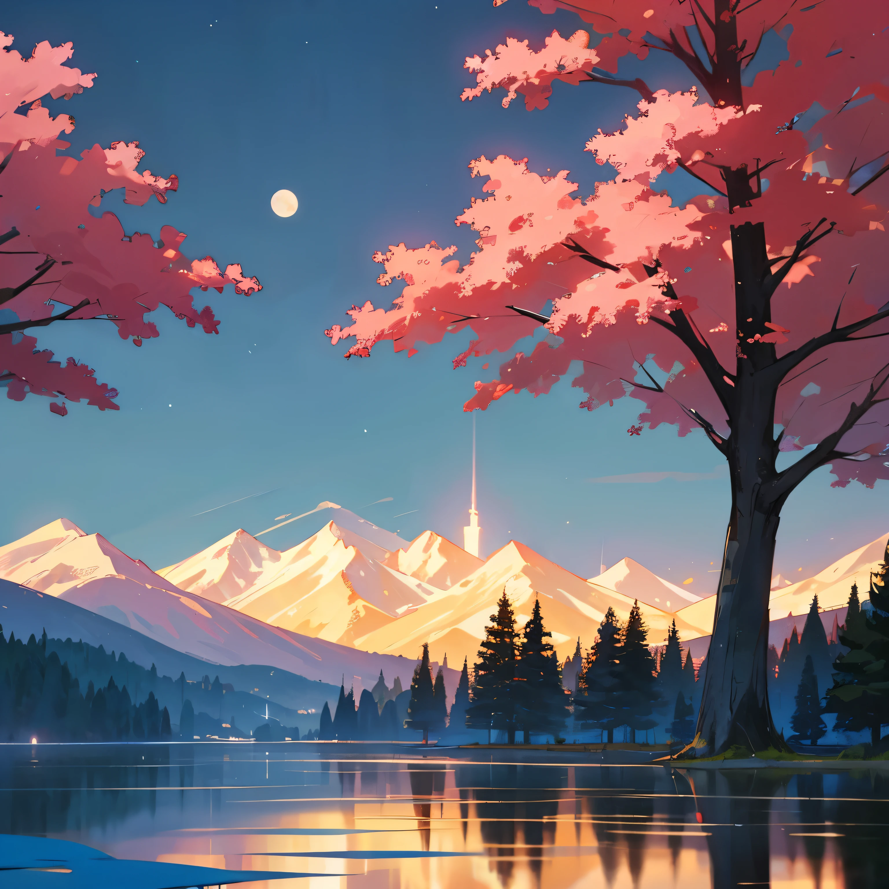 The environment needs to be surrounded by natural beauty., colorful trees々Flowers々Such a lush garden. "You may see some amazing natural scenery., Calm lake and mountains in the background々Such. The moon may be bright, Light up the place beautifully