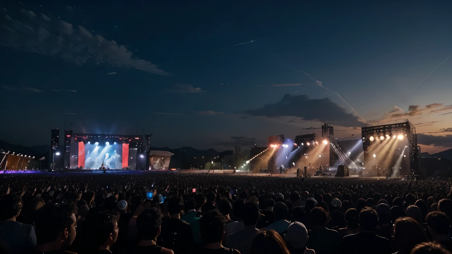 a realistic photo of a big music festival at night. It's a point of view that's the opposite of the stage. The show is empty of people. The view is half side, not frontal. It's an open space, like Rock in Rio