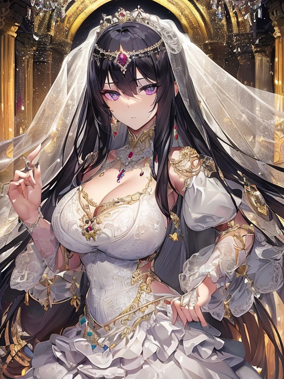 ((Anime art style)),masterpiece,best quality,Super Detail,Very delicate and beautiful,Solitary,((whole body)),((1 arrogant的 royal queen wearing Beautiful embroidery and jewellery，Gorgeous and solemn white wedding dress，With a wide skirt)),petticoat,(,long ,Skin dentition),jewel eyes,(arrogant的,arrogant),((arrogant smile)),Sharp eyes,Purple Eyes,Dominant posture,((There are bangs between the eyes,Fluffy straight hair,extremely long straight Hair)),Black Hair,Gorgeous embroidery and lace,Huge puff sleeves,Luxury Hair Accessories,A gorgeous jewel-encrusted headdress,Long trains,bling-bling gorgeous gemstone jewelry,Long wedding dress,Detailed face and eyes,whole body,((Beautiful embroidery and jewellery，Gorgeous and solemn white wedding dress，With a wide skirt))(((Large Breasts)))Breast sagging、Low-cut(((Cleavage )))、(((Wide hips,)))(((Hourglass figure)))((Long legs))