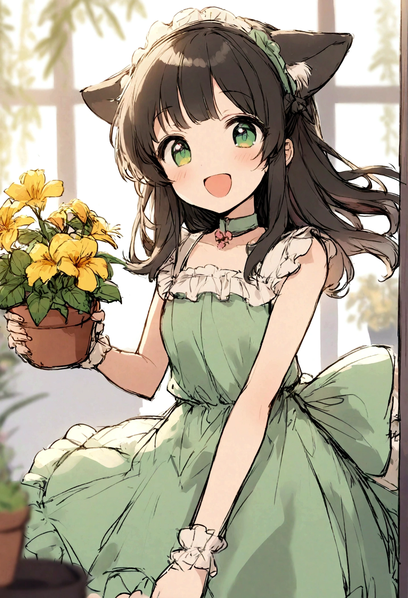 One girl, :d, Animal earsの毛, Animal ears, bangs, black hair band, Blonde Hair, Blurred, Blurred background, Depth of written boundary, dress, flower, flower pot, frilled dress, Frills, green dress, Green Eyes, hair band, Holding, Long Hair, Open your mouth, pink flower, plant, potted plant, sketch, No sleeve, No sleeve dress, smile, alone, tail, Wrist cuff, yellow flower, 1980s (style)