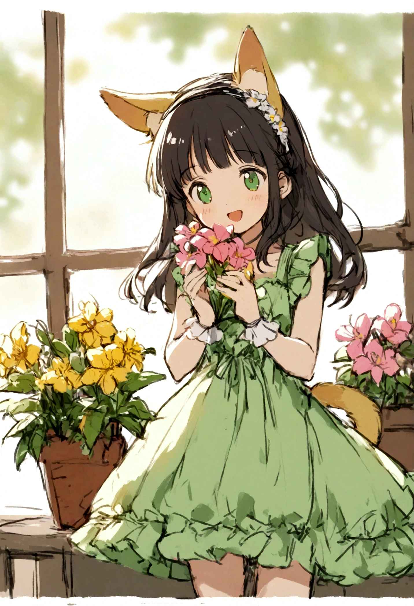 One girl, :d, Animal earsの毛, Animal ears, bangs, black hair band, Blonde Hair, Blurred, Blurred background, Depth of written boundary, dress, flower, flower pot, frilled dress, Frills, green dress, Green Eyes, hair band, Holding, Long Hair, Open your mouth, pink flower, plant, potted plant, sketch, No sleeve, No sleeve dress, smile, alone, tail, Wrist cuff, yellow flower, 1980s (style)